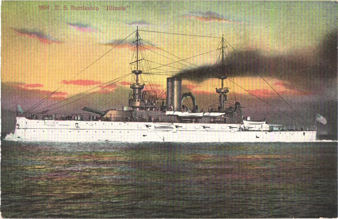 Early 1900s U.S. Battleship Illinois Naval Postcard, Steaming with Smoke, Sunset Sky (1 of 2)