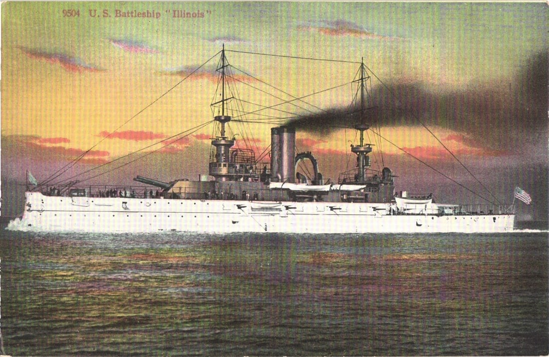 U.S. Battleship 'Illinois' Steaming at Sea, Vibrant Sky, Early 1900s Lithograph Postcard: The U.S. Battleship "Illinois" is depicted steaming at sea, viewed from its port side. The ship features a white hull, gray superstructure, two caged masts, and multiple gun turrets. Dark smoke issues