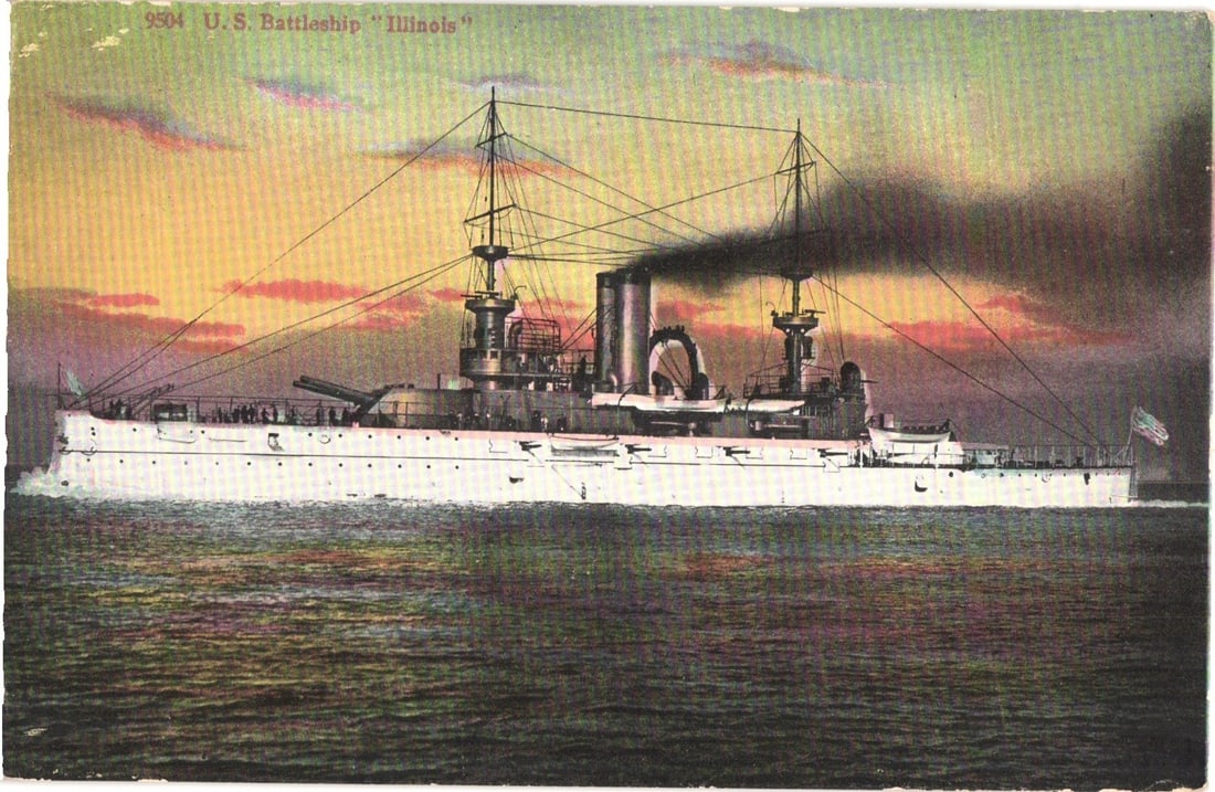 U.S. Battleship "Illinois" Early 20th Century Naval Vessel Chromolithograph View postcard: The U.S. Battleship "Illinois" is depicted in a broadside view, steaming across a body of water from left to right. The vessel features a white hull, dark gun turrets, two prominent funnels emitting d