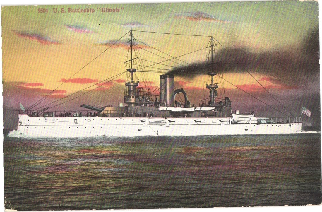 U.S. Battleship Illinois Steaming at Sea Against a Colorful Sky, Early 1900s Postcard: U.S. Battleship Illinois is shown in a chromolithographic image, depicted broadside while steaming left-to-right across the water under a vibrant sky with pink and purple clouds. Smoke emits from its 