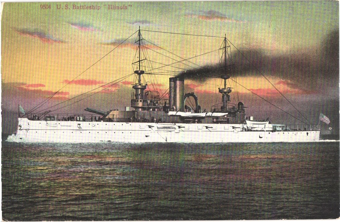 United States Navy Battleship "Illinois" at Sea, early 20th Century Chromolithograph postcard. (1 of 2)