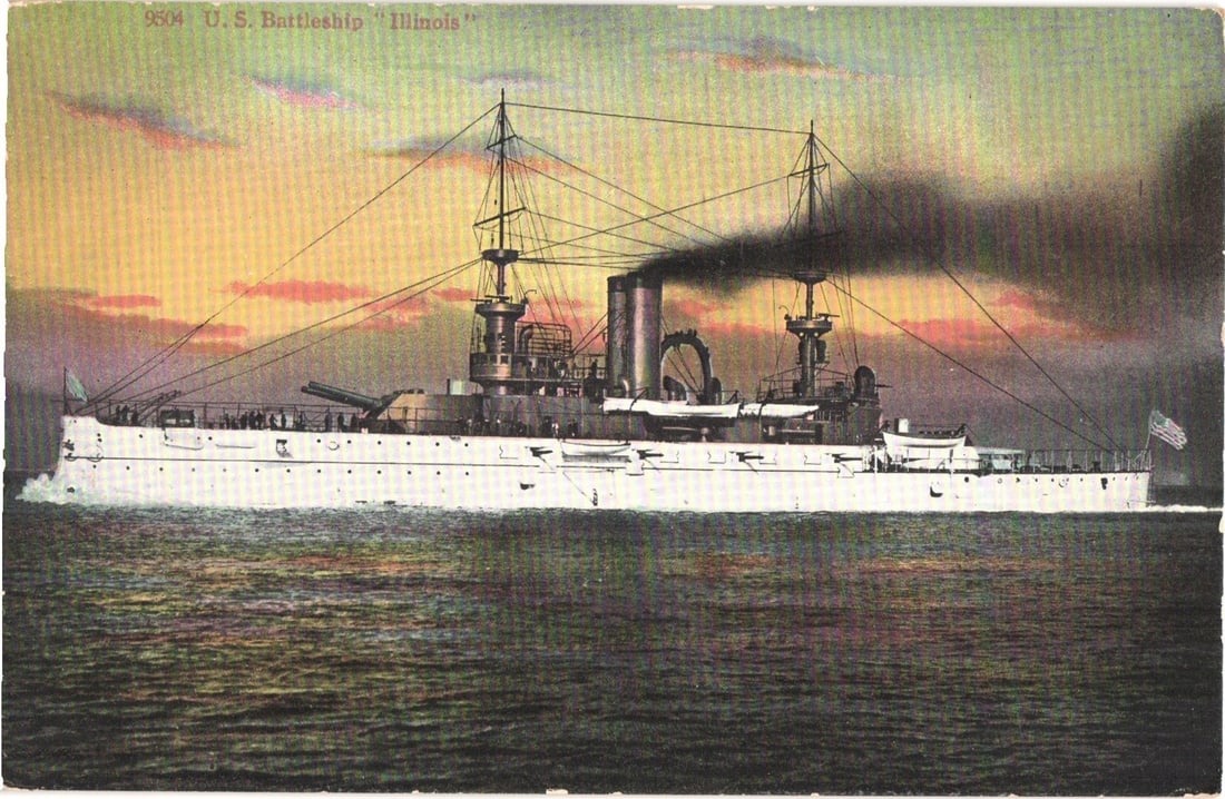 U.S. Battleship Illinois on Water, Active Steaming, Early 1900s Chromolithograph Postcard (1 of 2)