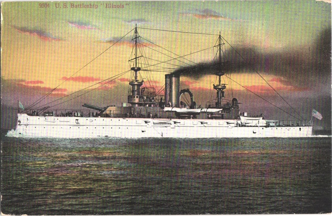 U.S. Battleship Illinois Steaming at Sunset, Early 20th Century Lithograph Postcard: The United States Battleship Illinois is depicted steaming across water, shown in profile from the port side. Dark smoke issues from its two funnels. The ship has a white hull, darker superstructure, 