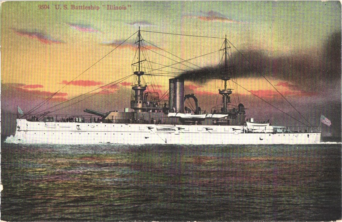 U.S. Battleship Illinois Naval Vessel at Sea, Early 20th Century Colorized postcard. (1 of 2)