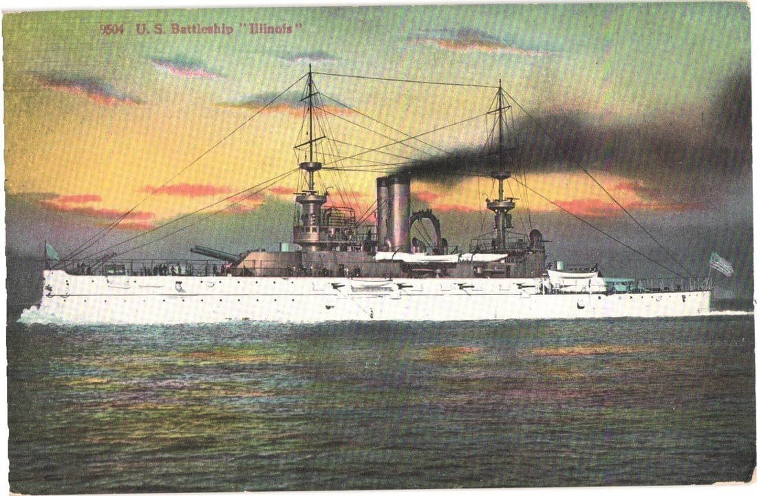 Early 20th Century U.S. Battleship Illinois on the Water, American Naval Postcard (1 of 2)