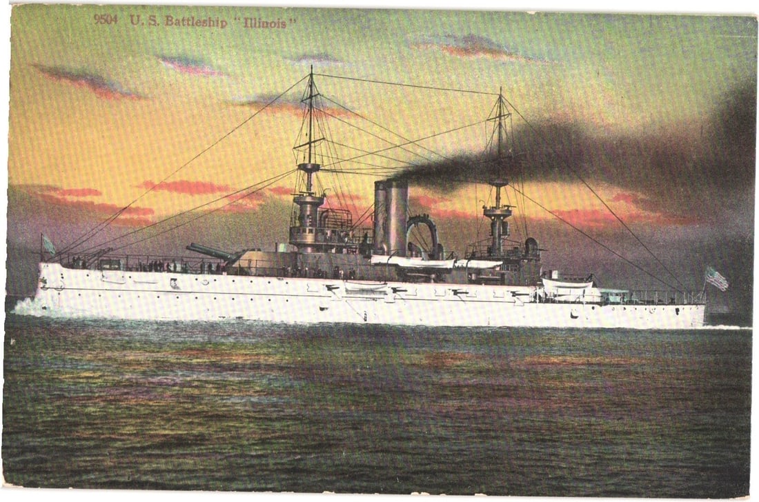 Historic Lithograph Postcard Depicting the U.S. Battleship 'Illinois' Underway at Sunset: A chromolithograph depicts the U.S. Battleship "Illinois" underway at sea, viewed from its port side. The ship steams left, emitting dark smoke from its funnels against a colorful sky. Details include