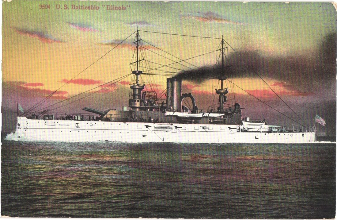 U. S. Battleship "Illinois" steaming with smoke at sunset, early 20th century chromolithograph: The U. S. Battleship "Illinois" is depicted in a side profile view, underway at sea. Dark smoke emanates from its single stack. The ship has a white hull and two caged masts with numerous rigging line