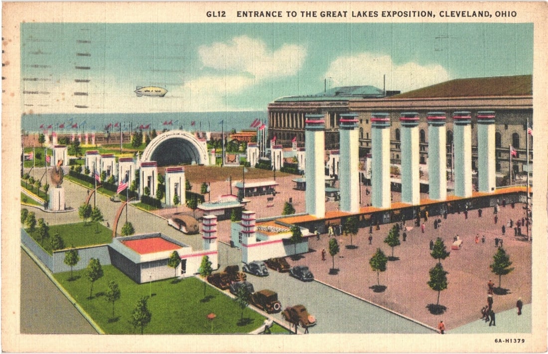 1936 Great Lakes Exposition Entrance, Cleveland, Ohio, featuring buildings and dirigible postcard (1 of 2)