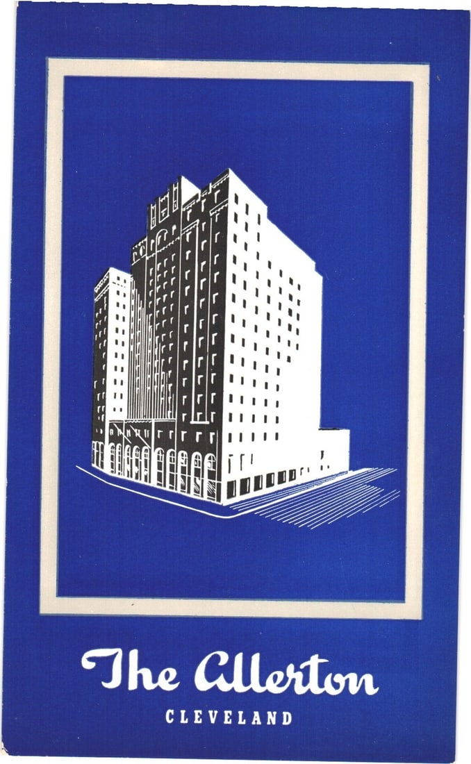 Stylized white-on-blue architectural illustration postcard of The Allerton Hotel, Cleveland, Ohio. (1 of 2)