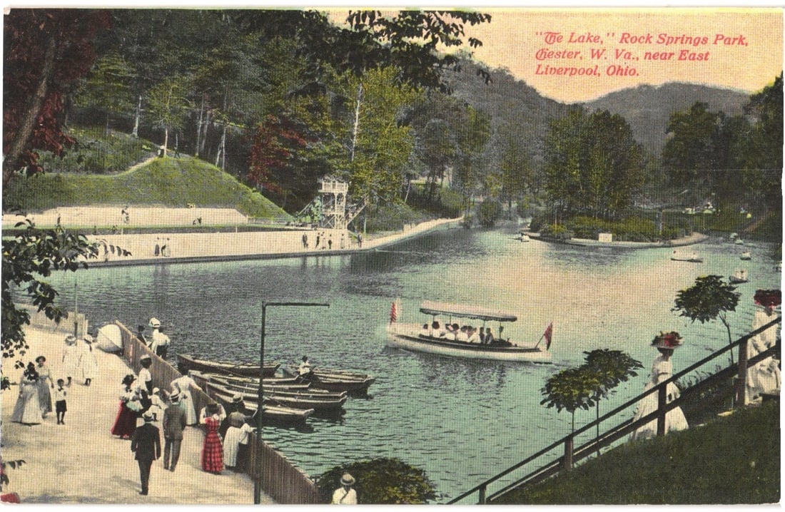 Scenic postcard of "The Lake" at Rock Springs Park, Chester, West Virginia, early 1900s. (1 of 2)