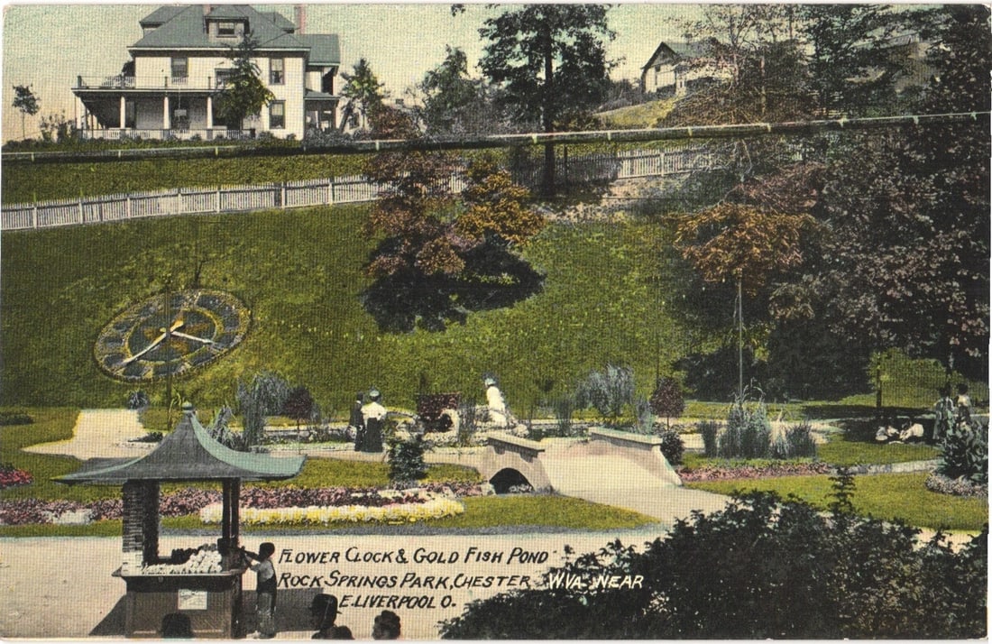 Flower Clock & Gold Fish Pond in Rock Springs Park, Chester, West Virginia, early 20th century: A chromolithograph depicting a scenic view of Rock Springs Park. The foreground features a small pavilion with a dark roof and a landscaped area with flowerbeds and several figures. In the midground, 