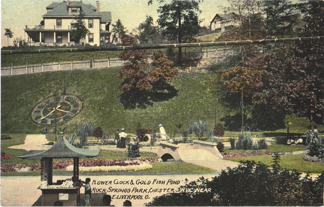 Scenic postcard of Rock Springs Park, Chester, Ohio, with a Flower Clock and Gold Fish Pond.: A scenic view of Rock Springs Park, featuring a prominent flower clock set into a verdant hillside. The circular clock face displays hands and Roman numerals, integrated into the landscape. Below the 