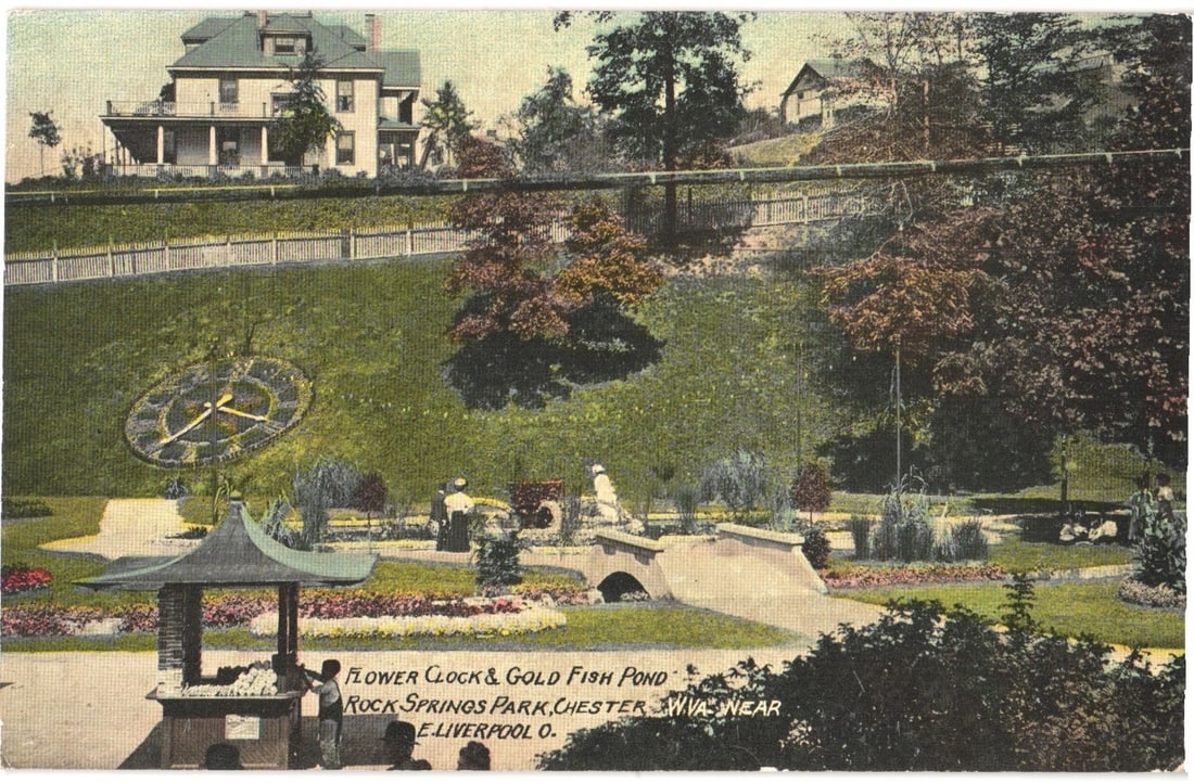 Early 20th Century Postcard of Rock Springs Park, Chester, WV: Flower Clock and Gold Fish Pond. (1 of 2)