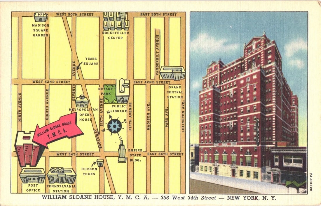 William Sloane House YMCA building and Manhattan map, New York City, early 20th century postcard (1 of 2)