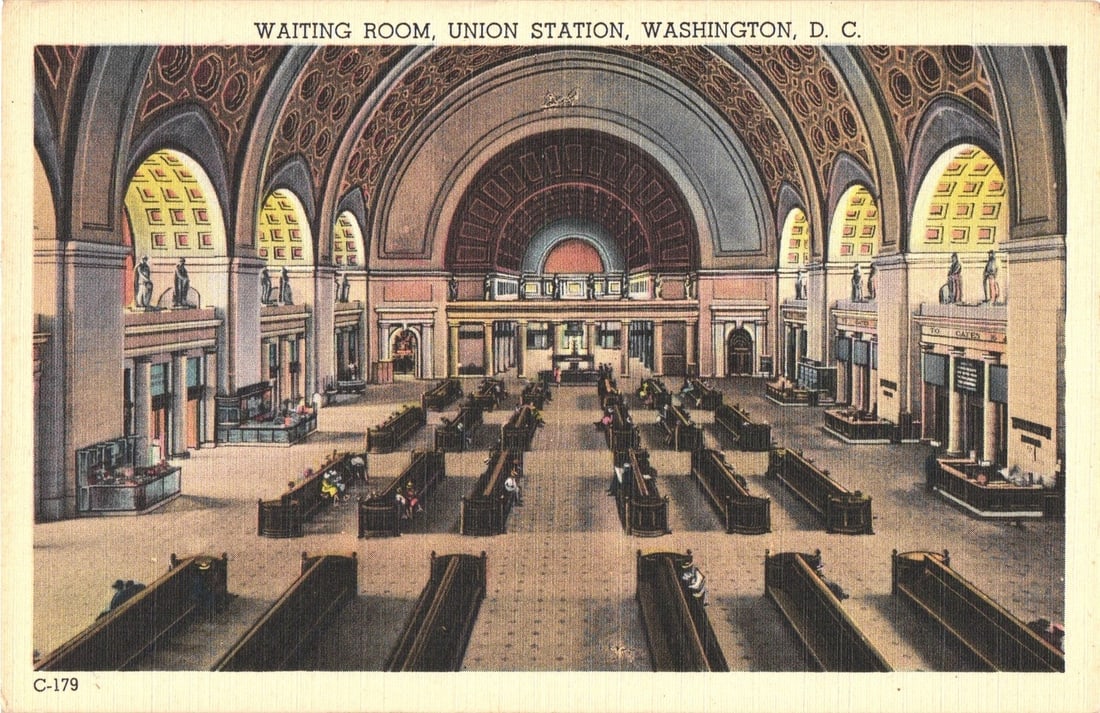 Historic Grand Waiting Room, Union Station, Washington D.C., Early-Mid 20th Century Postcard: A grand interior view of the waiting room at Union Station, Washington D. C., depicted from a high vantage point looking down the length of the hall. The room features a high arched ceiling with intri
