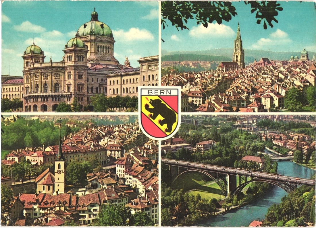 Vintage Chromolithograph Postcard of Bern, Switzerland, Showing Federal Building, Cathedral, and: Four distinct views of Bern, Switzerland, are presented in a quadrant composition, centered around a heraldic shield. The upper left quadrant depicts a grand, multi-domed building identified as the Fe