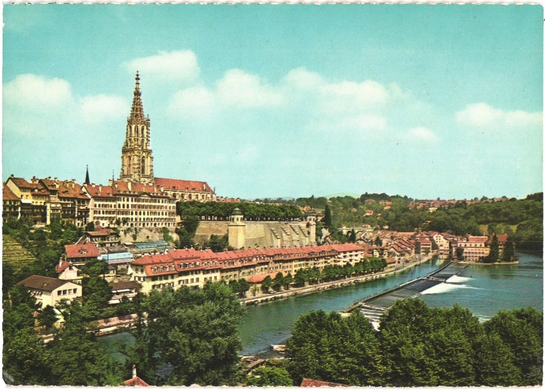 Panoramic cityscape postcard of Berne, Switzerland, featuring Minster and Aare River, early 20th (1 of 2)
