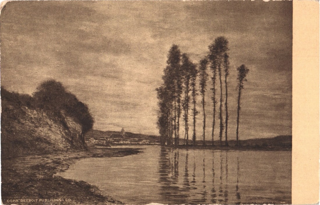 Early 20th Century Homer D. Martin "View on the Seine" landscape art postcard, Detroit Publishing (1 of 2)