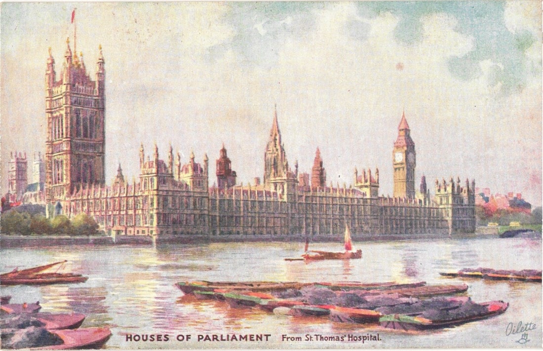 London: Houses of Parliament from St:Thomas' Hospital, Raphael Tuck "Oilette" postcard: The Houses of Parliament in London are depicted from across the River Thames, with numerous small boats on the water in the foreground. The Gothic Revival architecture of the Parliament building, incl