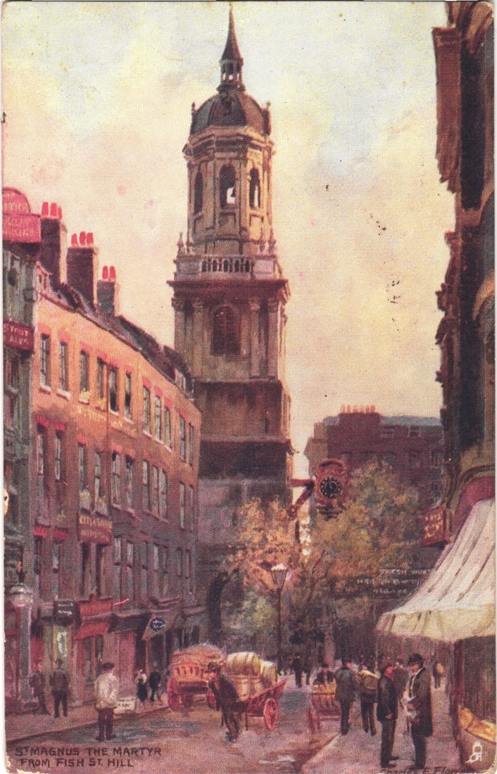 Early 20th C. St. Magnus the Martyr, Fish Street Hill, London Street Scene Art Postcard: St. Magnus the Martyr church tower rises prominently in the upper center, viewed from Fish Street Hill in London. A bustling street scene unfolds below, with multiple-story buildings lining the left s