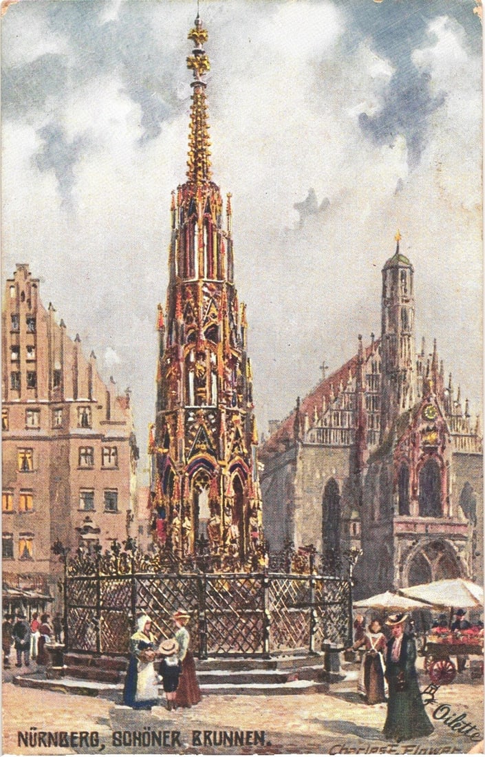 Nuremberg Schöner Brunnen Gothic Fountain Chromolithograph Art Postcard, Germany, Early 20th: A detailed, ornate Gothic fountain, "Schöner Brunnen," dominates the central composition, featuring intricate tracery, statues, and a tall, spired finial. Historic buildings frame the fountain: a mul