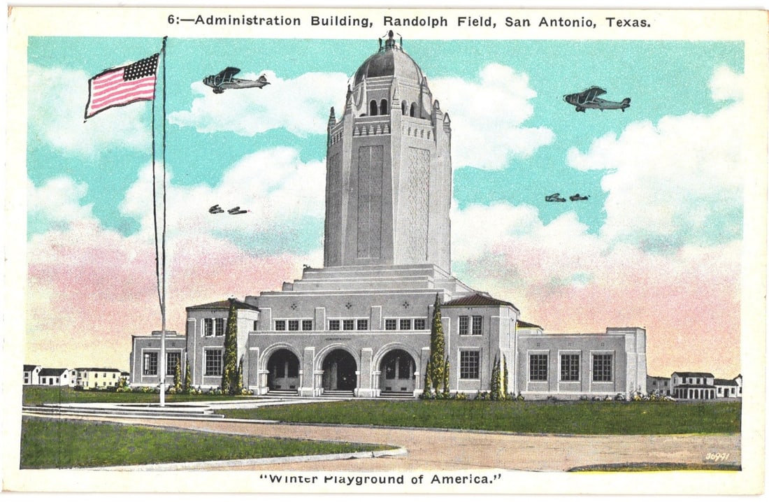 Historic Randolph Field Administration Building with biplanes, San Antonio, Texas postcard. (1 of 2)
