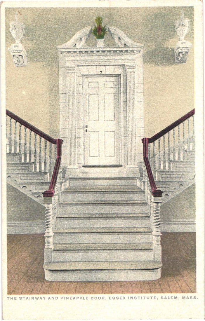 Stairway and Pineapple Door at Essex Institute, Salem, Mass. Phostint postcard (1 of 2)