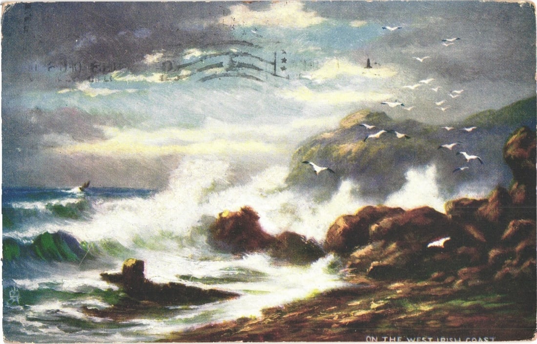 Early 20th Century Chromolithograph postcard: Rough Seas on the West Irish Coast, 1905. (1 of 2)