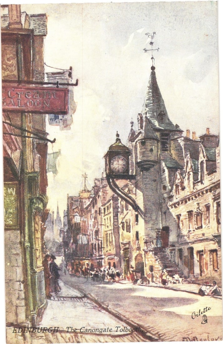 Edinburgh Canongate Tolbooth Street Scene Postcard, Illustrated by J. Fullwood, early 20th Century: A chromolithograph postcard depicts a detailed watercolor illustration of a street scene in Edinburgh. The prominent Canongate Tolbooth building with its conical roof, weathervane, and projecting cloc