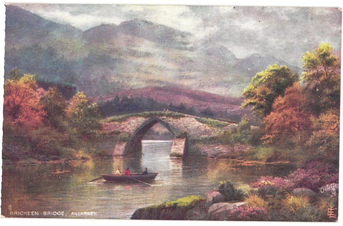 Scenic View of Brickeen Bridge, Killarney, with Rowboat, an early 20th-century art postcard (1 of 2)