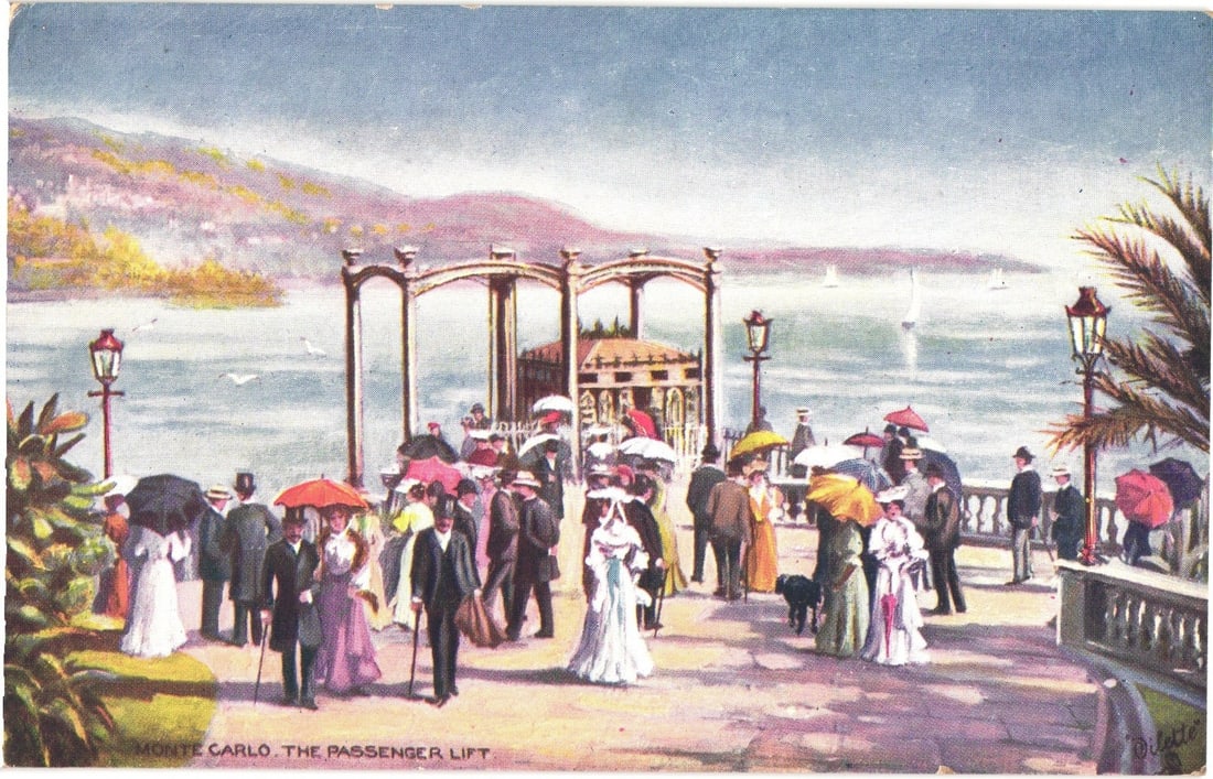 Monte Carlo: The Passenger Lift and Promenade with Strolling Figures, early 1900s postcard. (1 of 2)