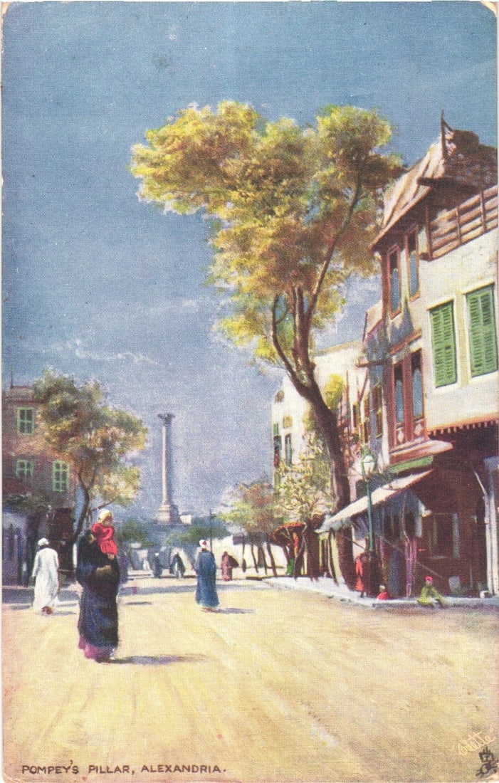Street View of Pompey's Pillar in Alexandria, Egypt, Early 20th Century Illustration Postcard. (1 of 2)