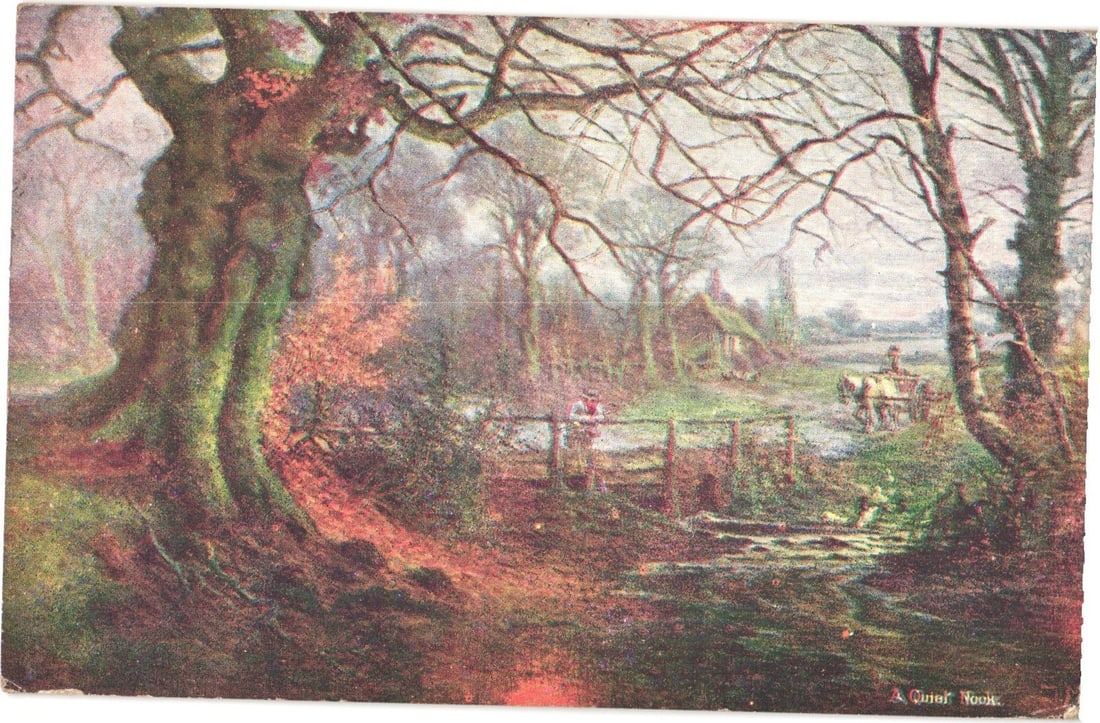 English Rural Landscape "A Quiet Nook" Oilette Art Postcard, Postmarked 1910 Brooklyn. (1 of 2)