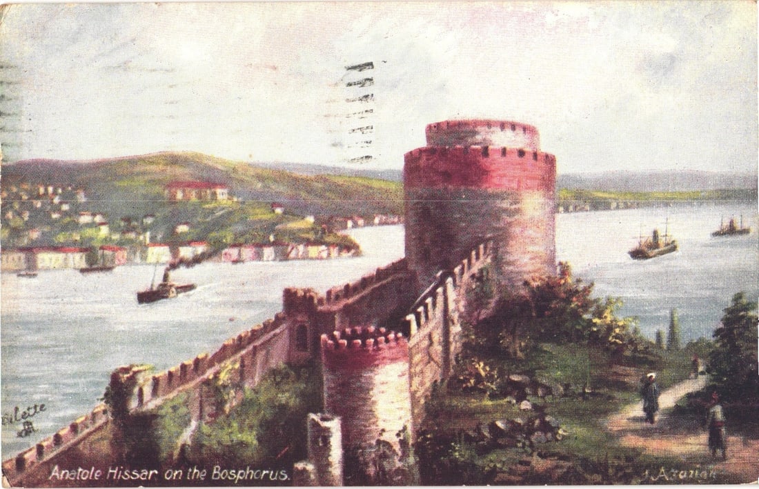 Early 20th Century postcard depicting Anatole Hisser castle on the Bosphorus strait, Turkey.: A chromolithograph depicts Anatole Hisser castle, a fortified structure with multiple towers and extensive walls, situated on a hilly coastline overlooking the Bosphorus. In the background, buildings 