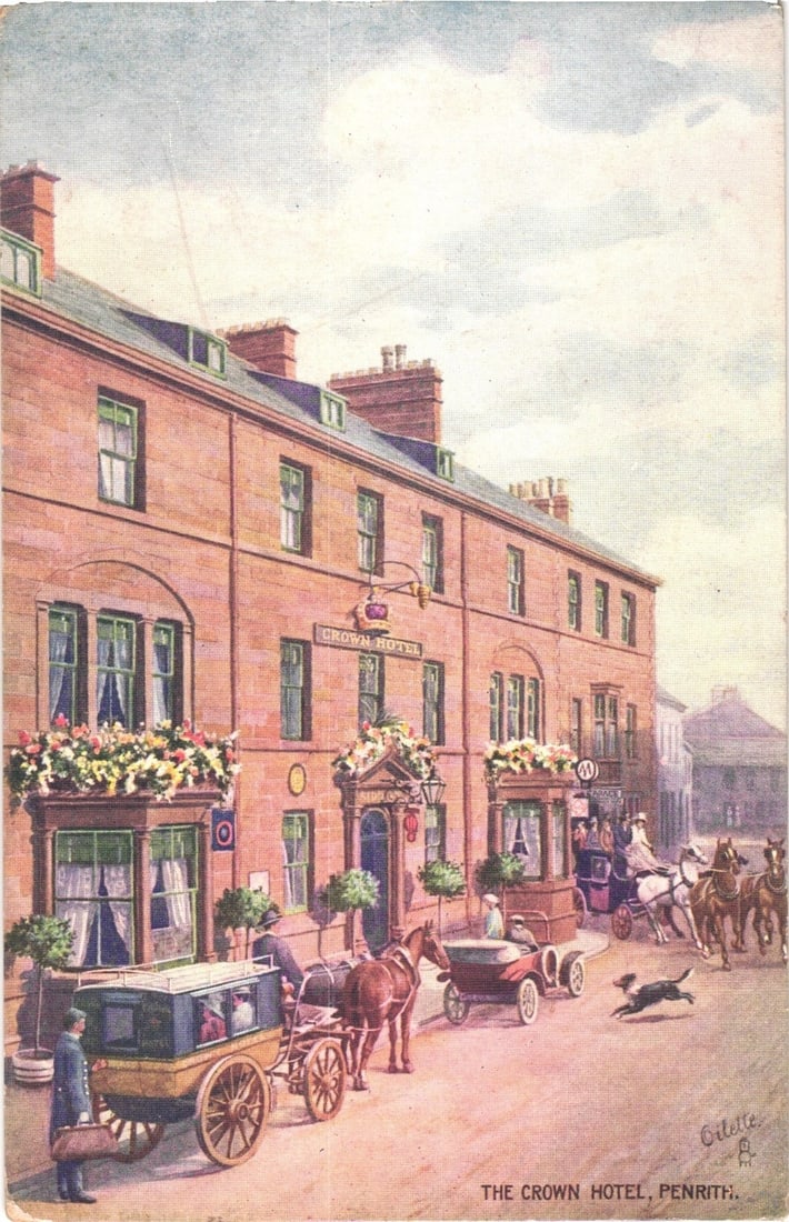 Early 20th Century 'Oilette' Postcard of Crown Hotel, Penrith, with Horse-Drawn Carriages (1 of 2)