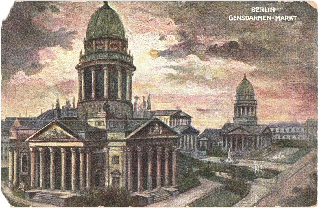 Berlin Gendarmenmarkt Neoclassical Architecture Chromolithograph Postcard, Early 20th C.: An illustrated view of Berlin's Gendarmenmarkt, featuring two prominent Neoclassical buildings with large domes and classical porticoes. The grander structure, with a green dome and expansive facade, 