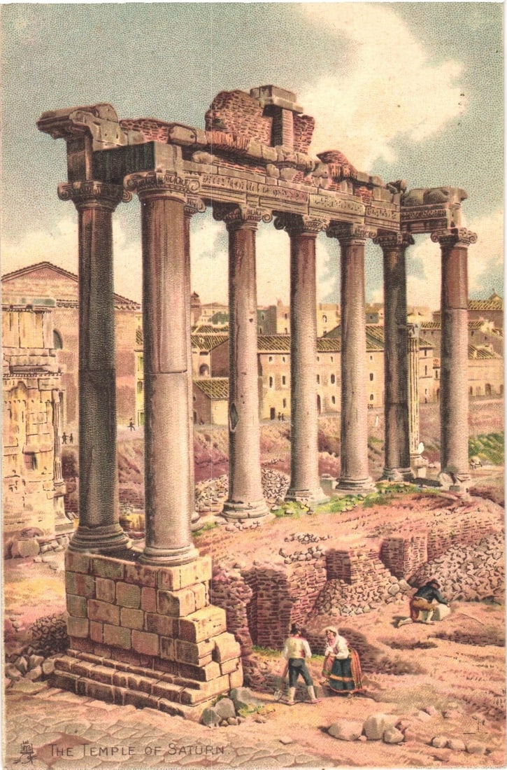 Detailed color lithograph of the Temple of Saturn ruins, ancient Rome, early 20th century postcard: Chromolithograph of the Temple of Saturn ruins, featuring eight Corinthian columns on a high base. The foreground shows rubble and three figures in period clothing. Distant city buildings are visible 