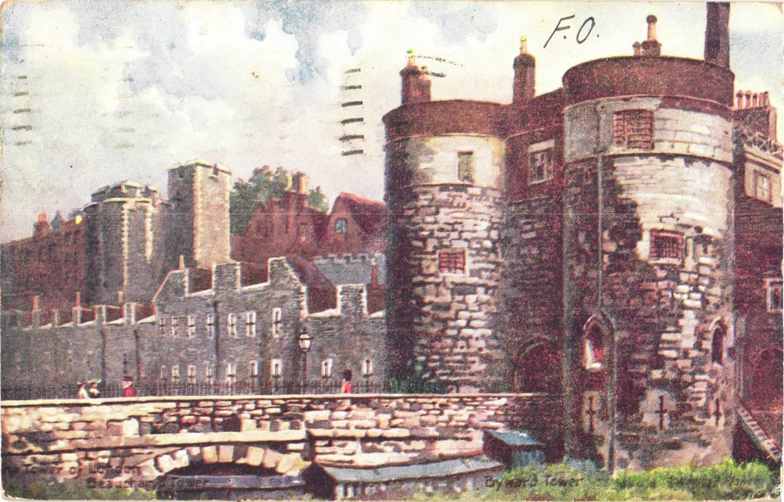 Historic Byward Tower, Tower of London, United Kingdom, 1906 postcard: A colorized lithograph illustrates the Byward Tower, part of the Tower of London complex in the United Kingdom. The perspective is low, featuring rugged stone walls, multiple rounded towers, and small