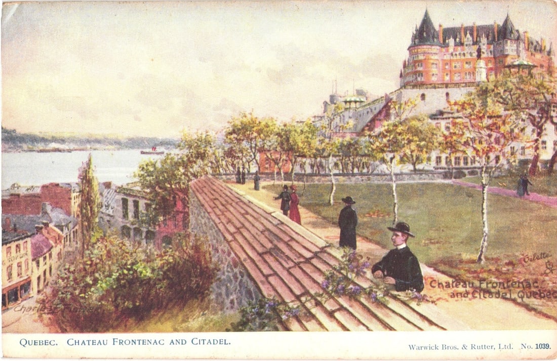 Illustrated postcard of Chateau Frontenac and Citadel overlooking Quebec City and river.: An elevated chromolithograph view depicts the Chateau Frontenac and Citadel in Quebec City. The grand, turretted Chateau with red roofs dominates the upper right, overlooking a wide river with a steam