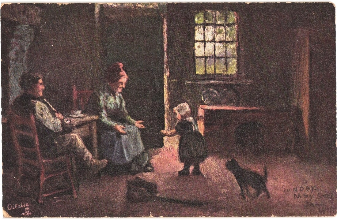 Flemish Cottage Homes Oilette Postcard: 'The First Steps' by S. Heyemans, Buffalo Postmark 1907: An interior scene depicts a man, woman, and child, with a black cat on the floor. The man, seated on the left, holds a pipe. An older woman, seated to the right, faces a young child standing in the ce