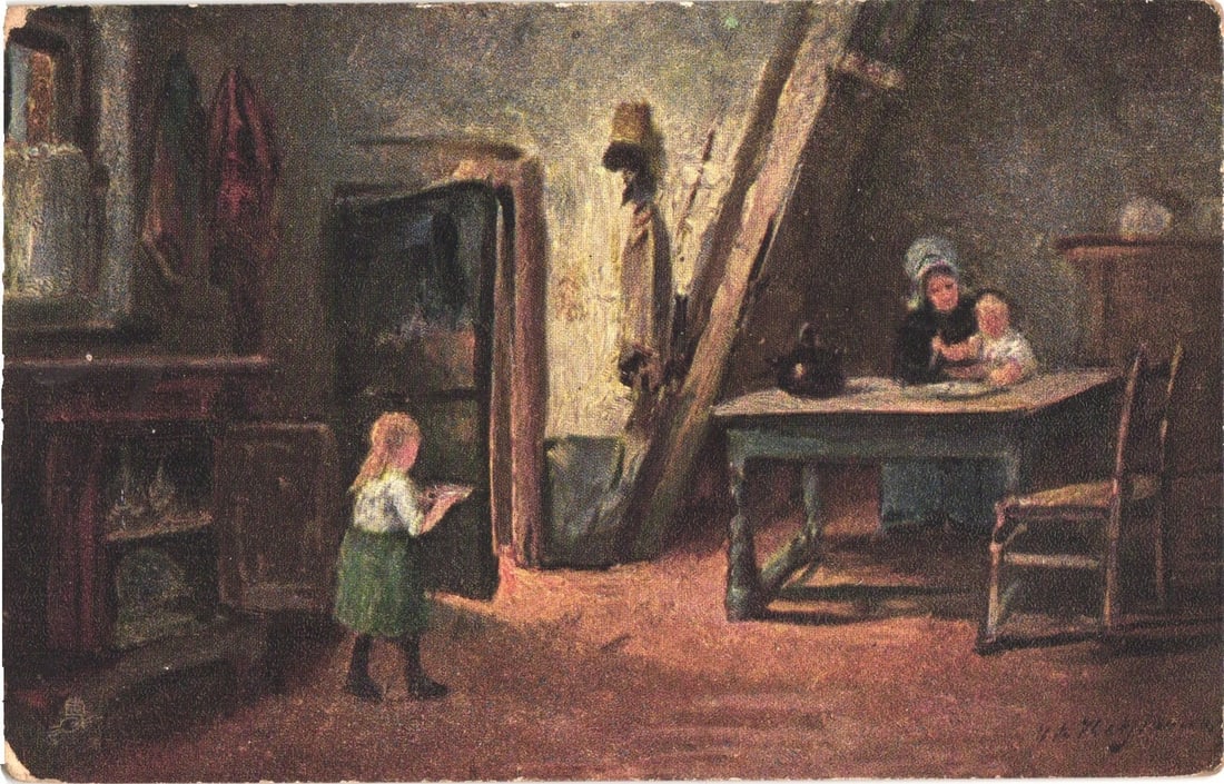 Flemish Cottage Interior Scene: Woman, Child, and Toddler at 'Baby's Meal' Art Postcard, c. 1930: An interior scene depicts a woman in a dark dress and blue bonnet, seated at a rustic wooden table with a small child on her lap. To her right, a toddler in a white shirt and green skirt stands facing