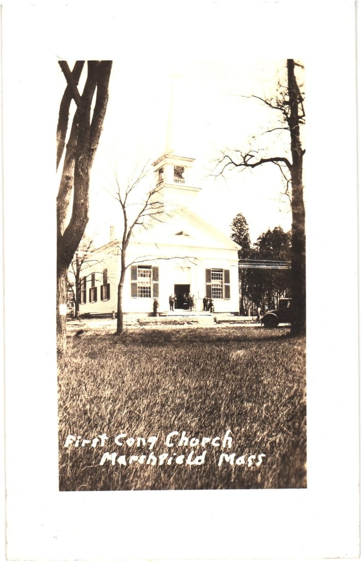 First Congregational Church, Marshfield, Massachusetts RPPC postcard, early 1900s. (1 of 2)