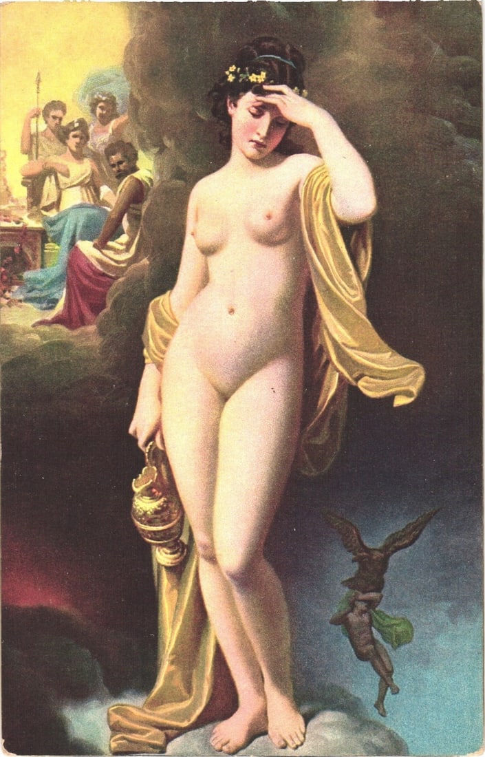 Chromolithograph postcard depicting Hugues Merle's "Hebe after her Fall" with classical figures: A central nude female figure, adorned with a floral wreath, stands holding an amphora, with her left hand resting on her forehead. In the upper left background, several draped classical figures are vi