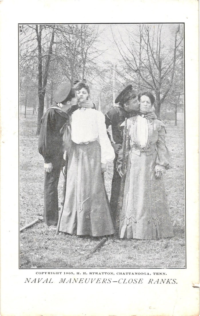 1905 Humorous 'Naval Maneuvers—Close Ranks' Postcard featuring Sailors and Women (1 of 2)