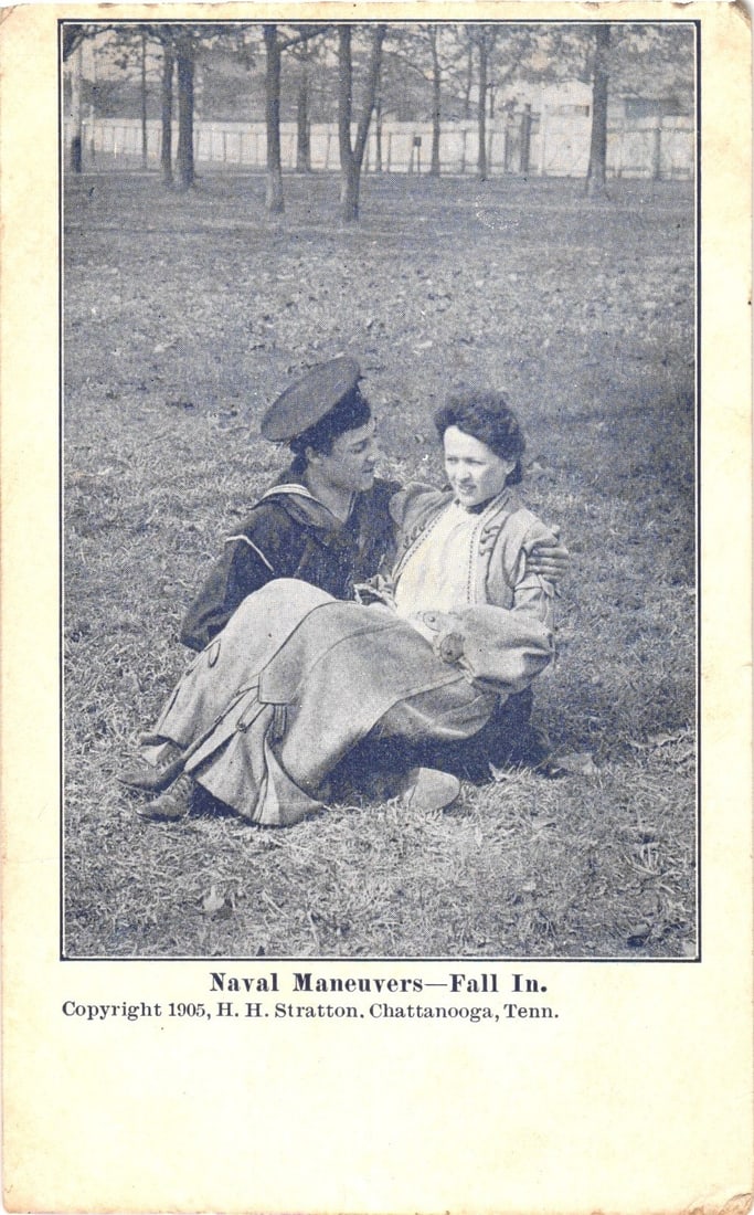"1905 Naval Maneuvers - Fall In" postcard featuring a sailor and woman, Chattanooga, Tenn. (1 of 2)