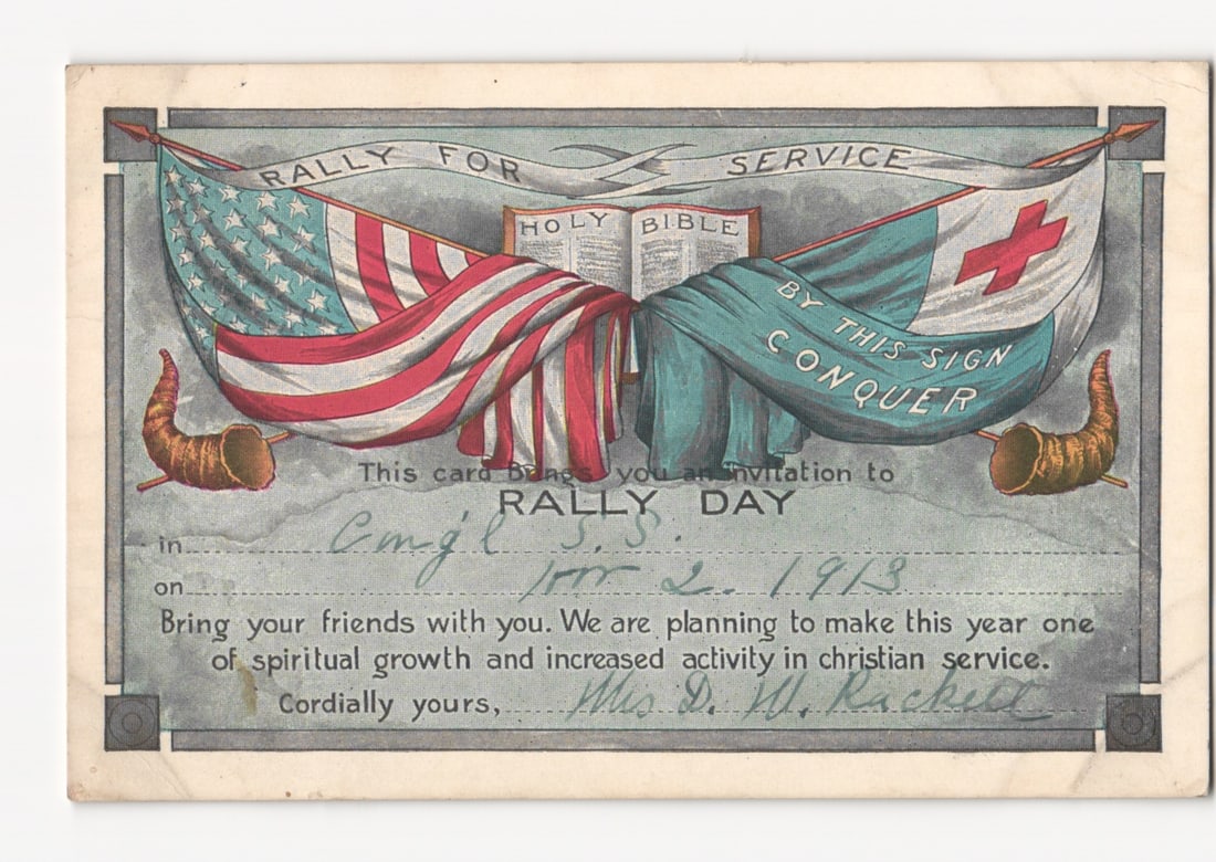 1913 Rally for Service Postcard, United States and Red Cross Flags, Open Bible Motif (1 of 2)