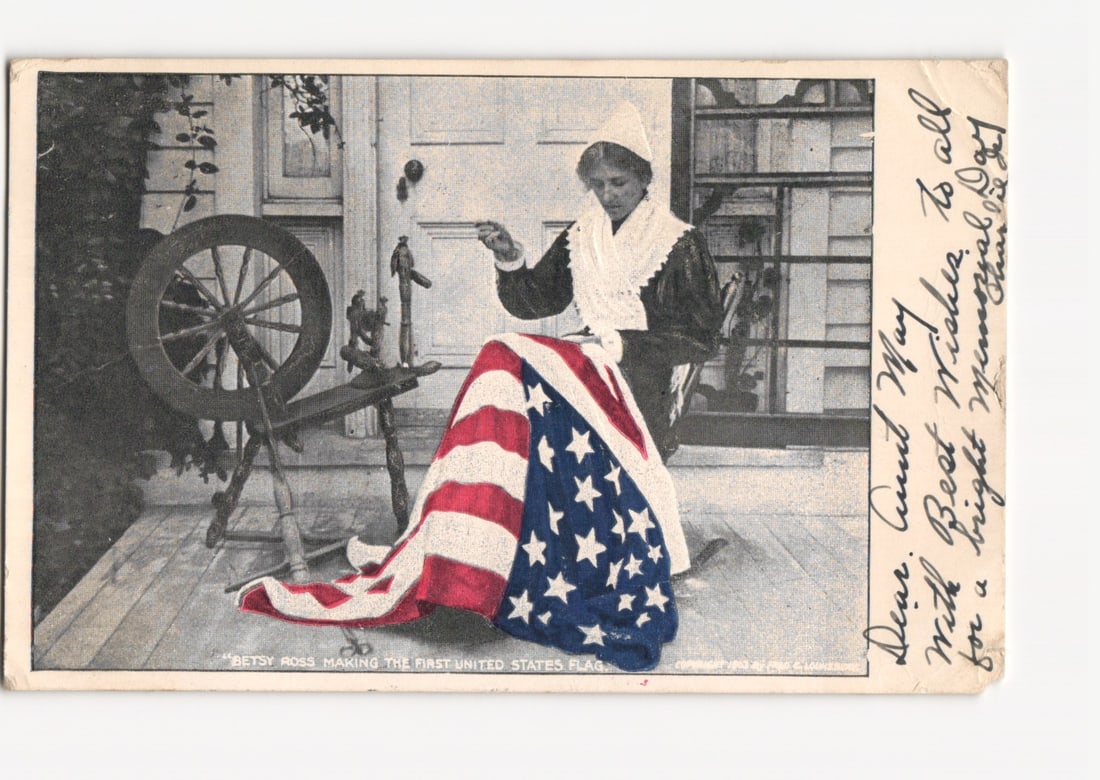 Betsy Ross Sewing the First US Flag Historical Scene Chromolithograph Postcard, Early 20th Century (1 of 2)
