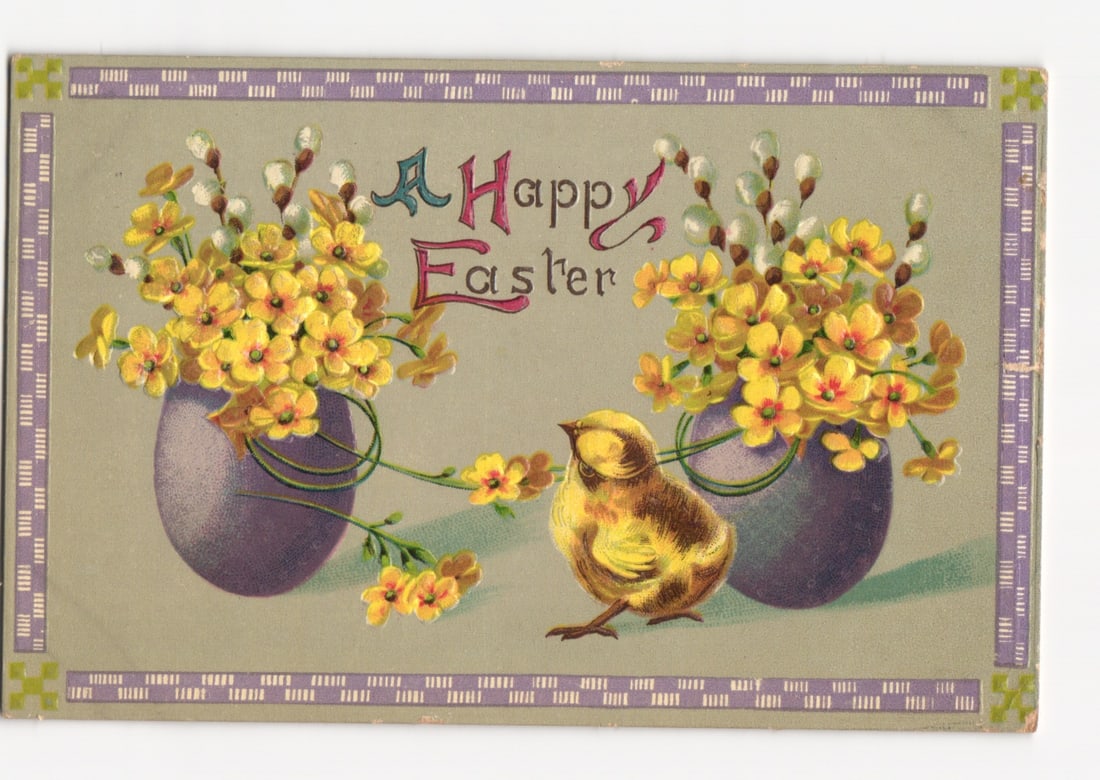 Early 20th Century Easter Greeting Postcard with Chick, Pussy Willows, and Vases (1 of 2)
