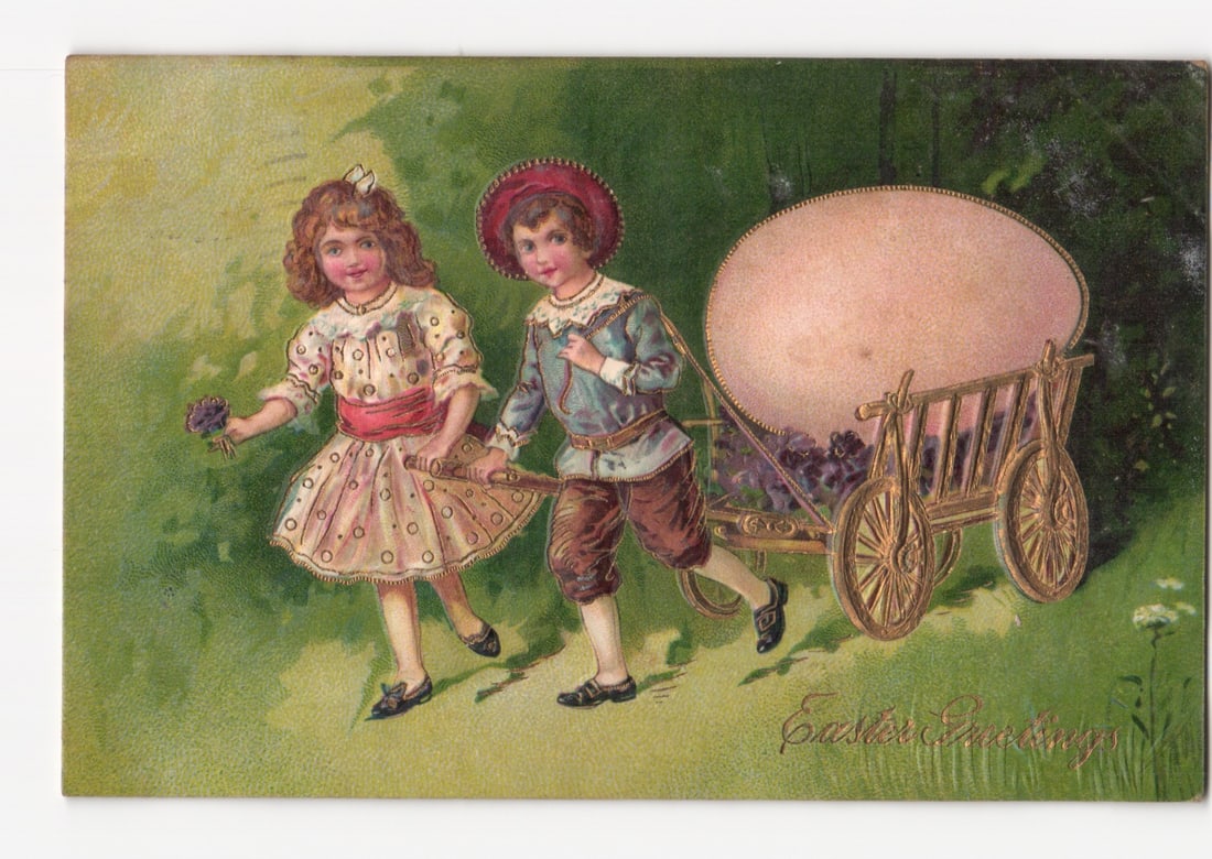 Victorian-Era Children Pulling a Giant Easter Egg on a Cart, "Easter Greetings" Postcard, 1908: Please review the photos carefully for additional condition details. Note that scans may appear slightly darker or lighter than the item's true appearance, and minor scanning artifacts may be visible.