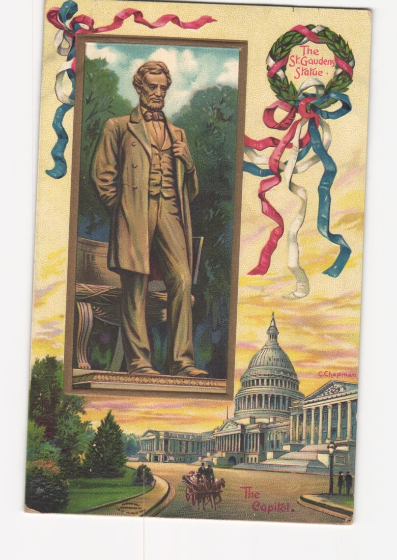 St. Gaudens Abraham Lincoln Statue & The Capitol, Washington D.C., early 20th C. postcard (1 of 2)